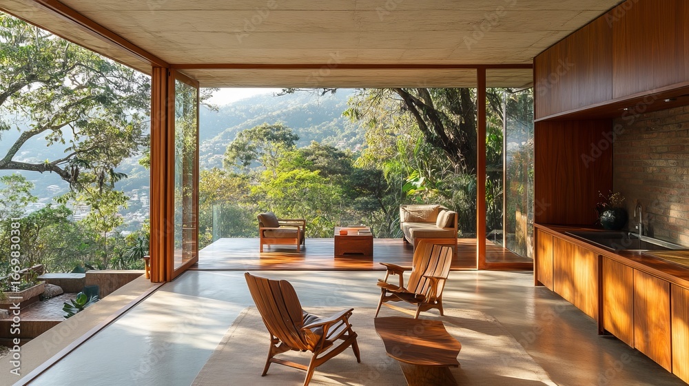 Fototapeta premium Modern home interior with expansive mountain views. Wooden furniture, glass walls, and natural light fill the space