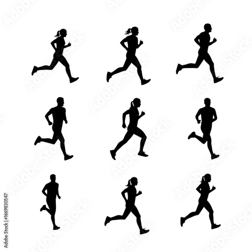 Running Silhouette: A series of running silhouette illustrating speed and motion. These dynamic forms capture the essence of activity, fitness, and determination