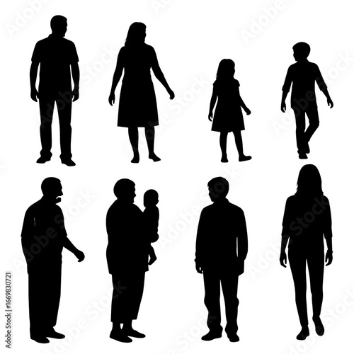 Family Silhouette, happy family silhouette collection, Collection of family silhouettes on isolated background. Vector illustration