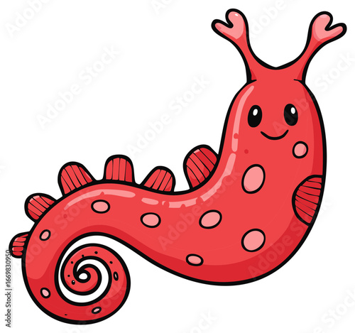 Cute Cartoon Pink Sea Slug Creature Illustration with Spots, Hearts Antennae and Smiling Face
