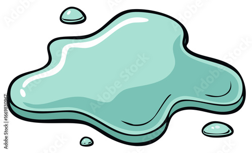 Cartoon water puddle with water droplets in teal color, isolated illustration.