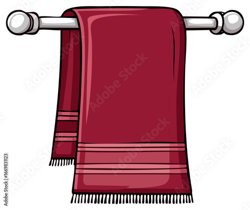 Cartoon illustration of a red bath towel with stripes hanging on a silver rack