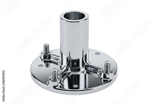 Polished chrome metal base with mounting bolts, exhibiting a high-quality, industrial design.
