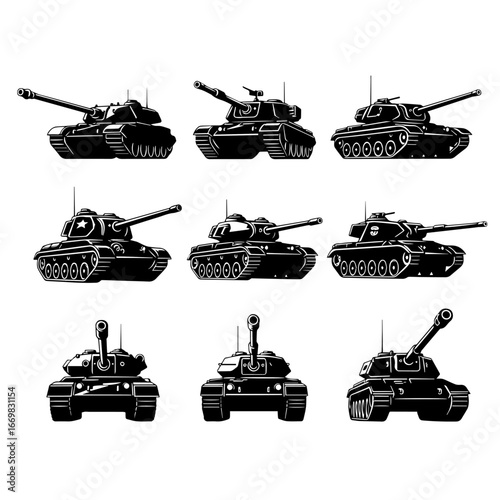 Set of Nine Black Tank Silhouettes in Various Approaching Angles	