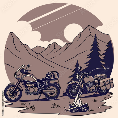 Motorcycle camping trip in a mountain landscape, retro vector emblem
