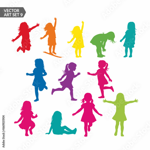 Colorful Child's Play: A vibrant collection of playful silhouettes of children engaged in various activities, representing the unbridled joy and innocence of youth.
