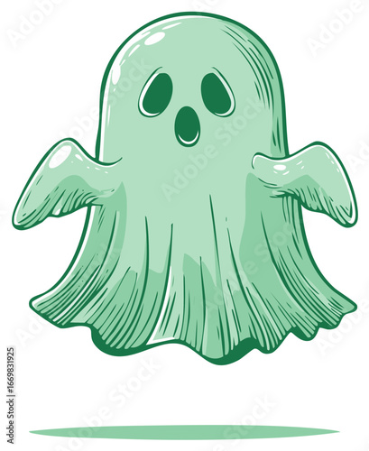 Cartoon Illustration of a Spooky Green Ghost with an Exclamation Shape Mouth Floating
