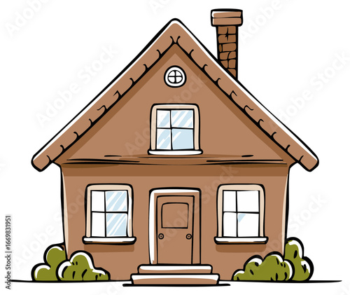 Charming Cartoon Cottage with Brick Chimney and Shrubbery in Soft Earth Tones