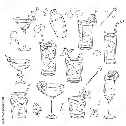 Cocktail Collection: Artistic illustration of elegant cocktail glasses arranged for drink. A visual delight for any cocktail enthusiasts and bartender