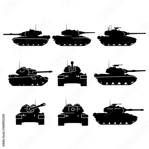 Set of Nine Black Tank Silhouettes in Various Approaching Angles	