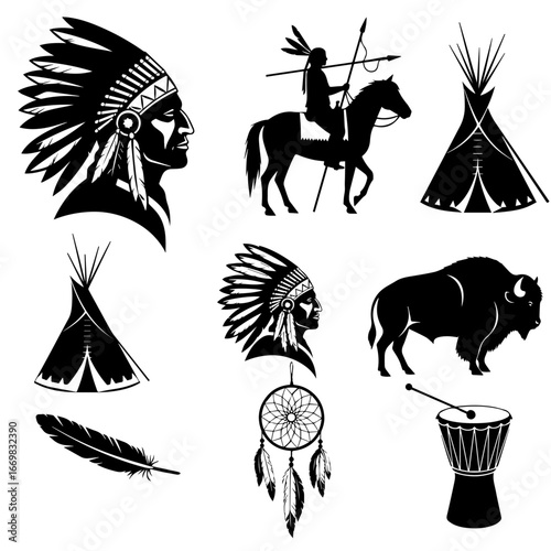 Silhouettes Depicting Traditional Indigenous Lifestyle and Cultural Elements	