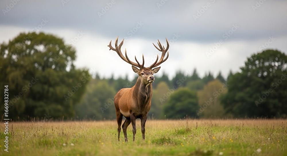 Naklejka premium Majestic red deer stag with large, impressive antlers standing proudly in a vibrant green meadow, looking directly at the viewer, with a natural forest line in the soft background