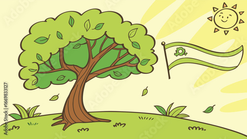 Vibrant green tree on sunny hill with flowing flag and happy sun, perfect for nature themes