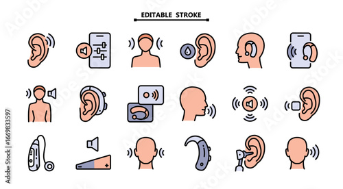 Hearing aid color icons set. Editable stroke. Volume booster for ears, for the deaf old and young. Search auditory. For better hearing, color icon collection.