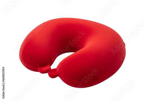 A vibrant red travel neck pillow, curved for optimal support, presented against a black background.