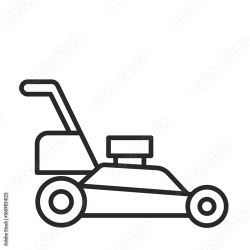 Lawn mower line art icon for agriculture, farming equipment, and gardening work.