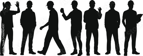 Silhouette of construction workers in various poses, teamwork concept, safety helmet, isolated vector illustration on white background, industrial labor