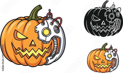 Robotic pumpkin illustration for halloween with a scary face and mechanical parts