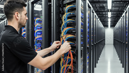 An IT specialist in a server room meticulously organizing a bundle of colorful network cables.