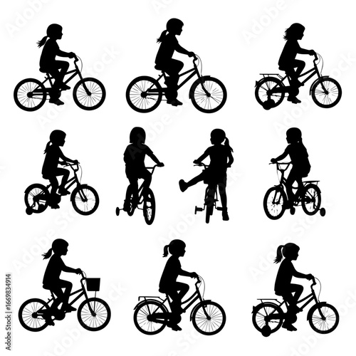 Cycling Silhouettes: A charming compilation of silhouette, capturing the essence of cycling, evoking a sense of childhood wonder and exploration, suitable for design concepts.