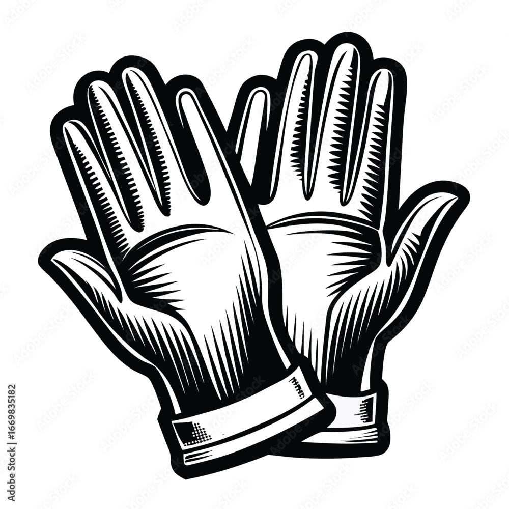 Obraz premium Monochrome Vector Illustration of Two Stylish Gloves Depicting Fashion and Protection Handwear with Outlined and Filled Silhouettes on White Backdrop