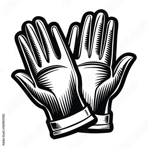 Monochrome Vector Illustration of Two Stylish Gloves Depicting Fashion and Protection Handwear with Outlined and Filled Silhouettes on White Backdrop