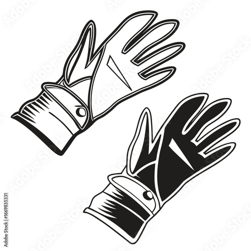 Monochrome Vector Illustration of Two Stylish Gloves Depicting Fashion and Protection Handwear with Outlined and Filled Silhouettes on White Backdrop