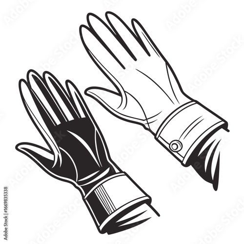 Monochrome Vector Illustration of Two Stylish Gloves Depicting Fashion and Protection Handwear with Outlined and Filled Silhouettes on White Backdrop