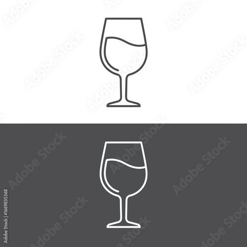 Line art illustration of a wine glass with liquid on white and gray background.