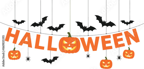 Spooky halloween banner with pumpkins bats and spiders for festive holiday decoration
