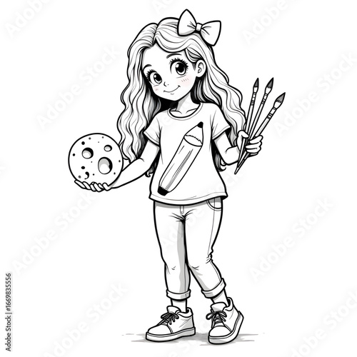 Aspiring Artist's Creation: A young, smiling girl, her heart filled with artistic wonder, stands proudly, holding a moon model in one hand and a collection of paintbrushes in the other.