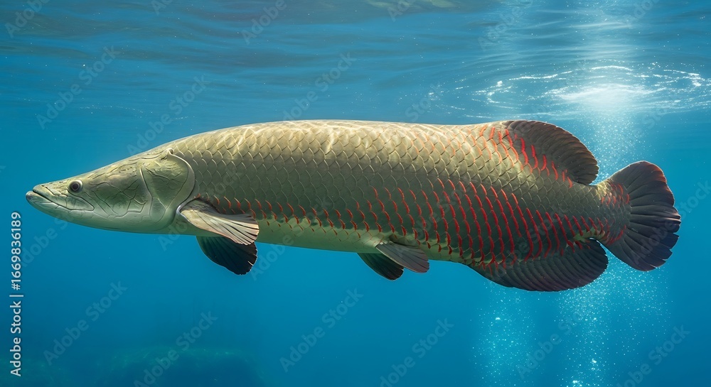 Naklejka premium A magnificent Arapaima, one of the largest freshwater fish, gracefully glides through the clear blue waters, showcasing its distinctive scales and powerful presence in its natural habitat