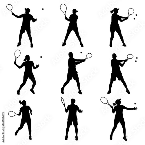 A set of men and women tennis players silhouette on white background. Vector illustration