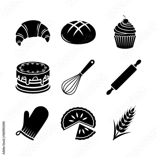Baking Icons Set With Cake, Cupcake, Whisk, Rolling Pin, Oven Mitt, Lemon Slice, and Wheat Symbols