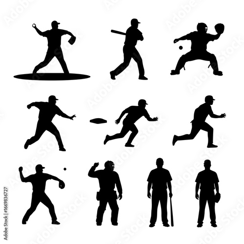 set of silhouettes of baseball player swinging the bat with different pose, gesture. batter. isolated on white background. vector illustration.	