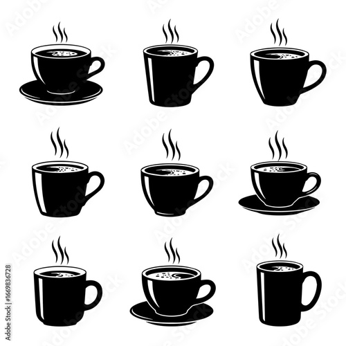 Row Of Steaming Coffee Cups Icon Set For Cafe Branding, Menu Design, and Beverage Graphics