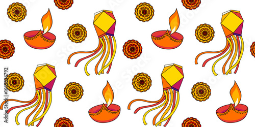 Seamless pattern with colorful Aakash Kandil lanterns, diya lamps and marigold flowers on white background. Festive vector design for Diwali celebrations.