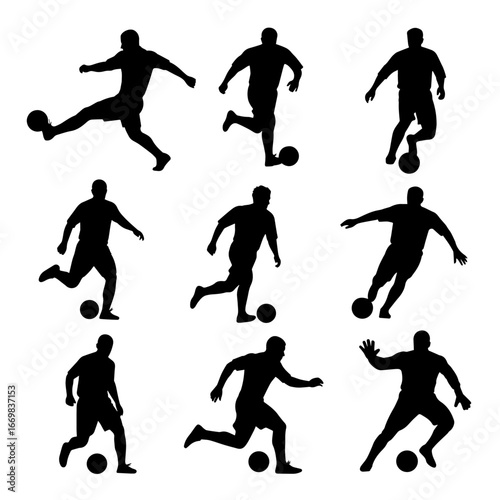 Silhouette illustration showing soccer players heading soccer balls in various action poses on a white background