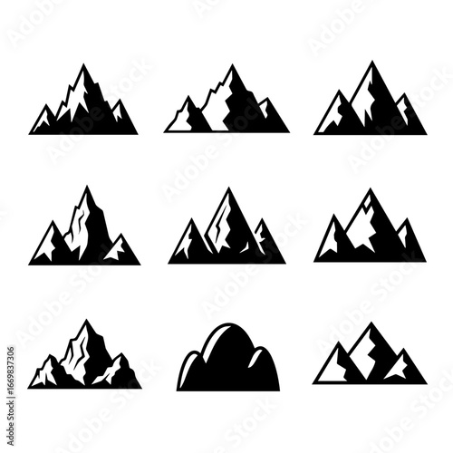 Collection of Black Silhouette Mountain Designs for Logos and Illustrations	