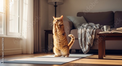 An orange cat stands on a yoga mat, paws together, in a serene living room with a couch, lamp, and natural light, AI Generated.