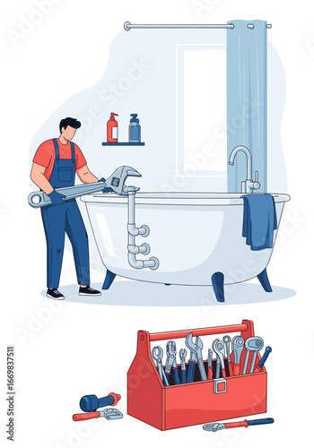 Professional plumber fixing bathtub faucet with tools in modern bathroom