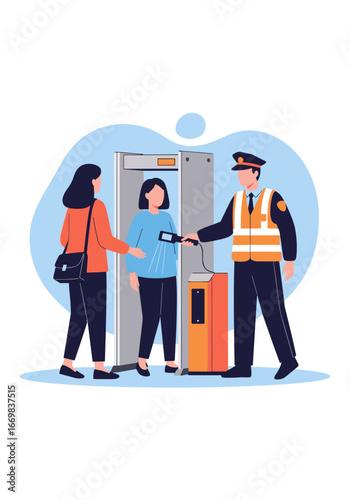Security personnel conducts metal detector scan at screening gate checking for prohibited items