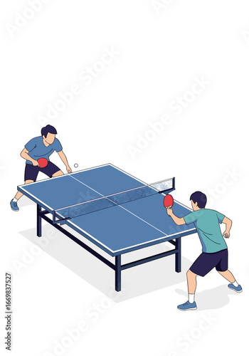 Two men playing table tennis on a blue table in a sports hall during a match