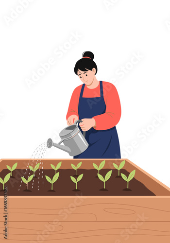 Woman watering young plants in a raised garden bed full of healthy sprouts