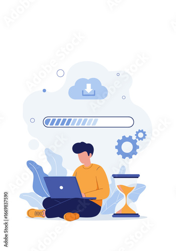 A person patiently waiting for data to load on a laptop computer during the download process