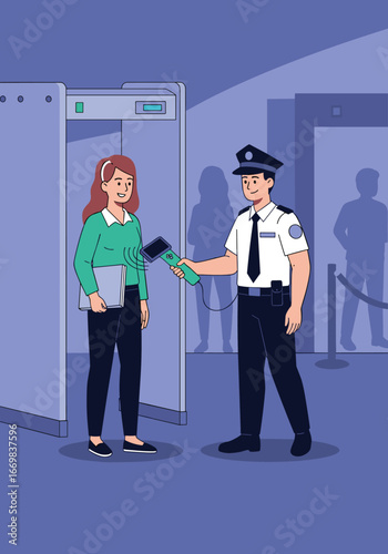 Security guard checking a woman with a metal detector at a checkpoint