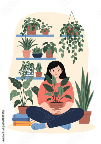 Woman enjoying indoor plants and home gardening passionate hobbyist caring for greenery