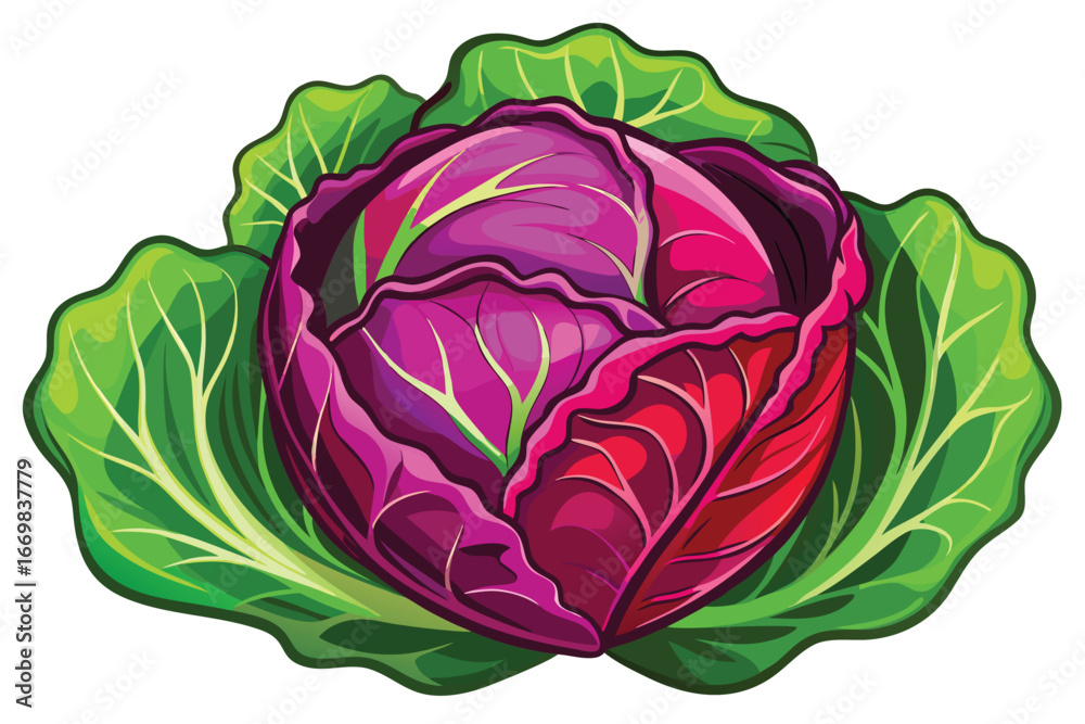 Obraz premium Vibrant Red Cabbage Head Amidst Fresh Green Leaves A Culinary Delight and a Celebration of Nature's Bountiful Harvest