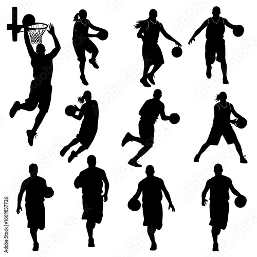 Basketball players in various action poses during game