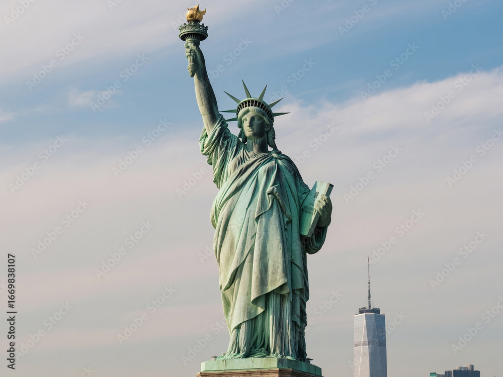 Obraz premium Full close-up view of the Statue of Liberty on Liberty Island, New York City. The monument stands tall against the sky with the One World Trade Center rising in the distance, symbolizing freedom